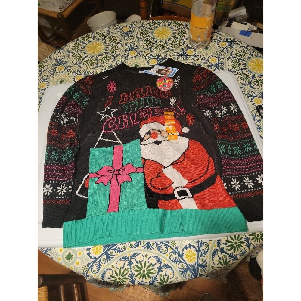 Ugly Christmas Sweater NWT Bring The Cheer Wine Pocket Holder Vtg Santa Medium